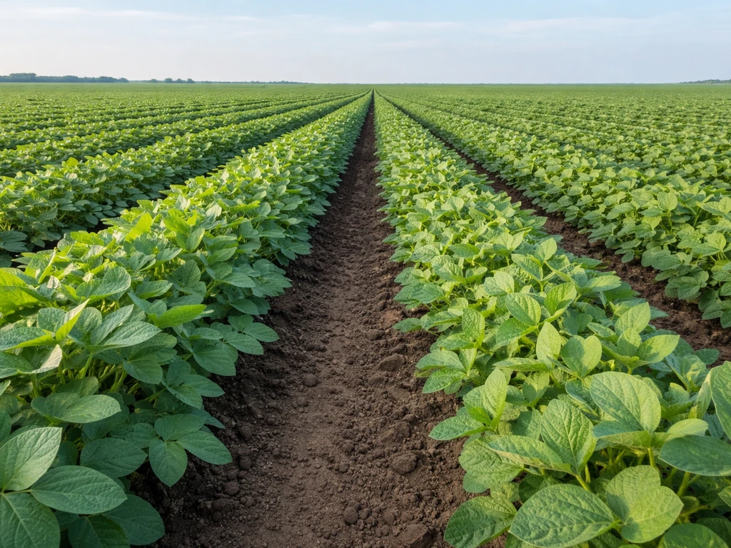 Wide view of a soybeans field with dense green crop rows under bright sunlight.
