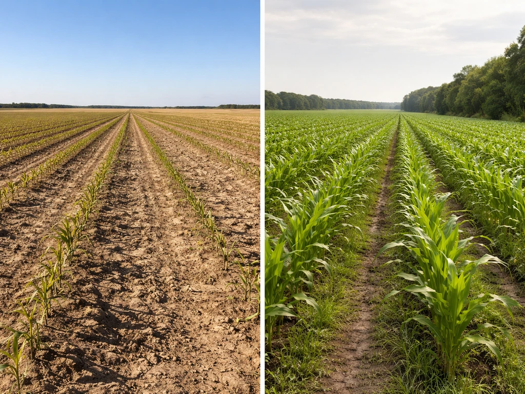 Split view of two U.S. farm fields: dry Kansas-style land vs lush Mississippi humid-region crops.
