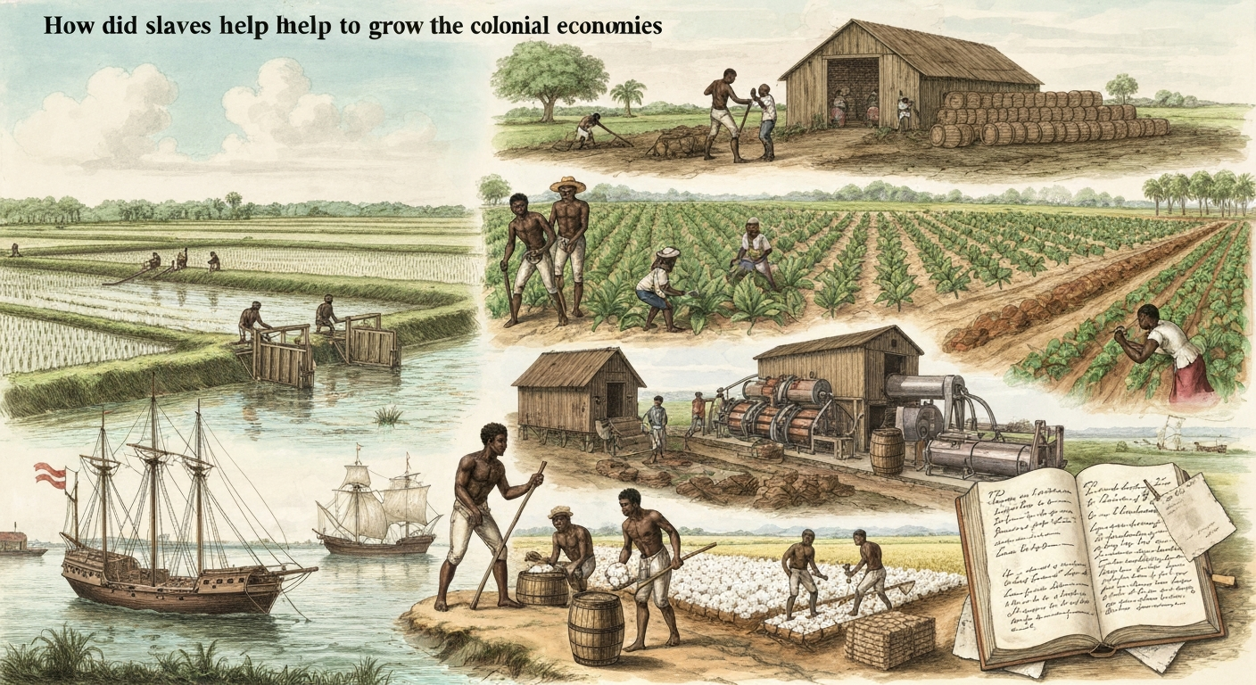Montage illustration showing enslaved people working rice dikes, tobacco fields, sugar mill and boiling house, and cotton fields, with a merchant ship and an open plantation ledger—documentary-style, historical, and respectful.