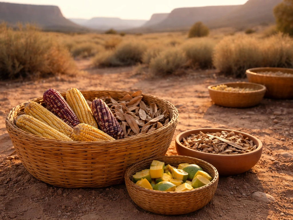 Sunlit desert foreground with woven baskets holding harvested maize, beans, and squash.