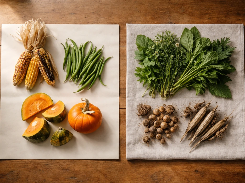 Minimal two-column table scene showing cultivated staples and gathered plants entries