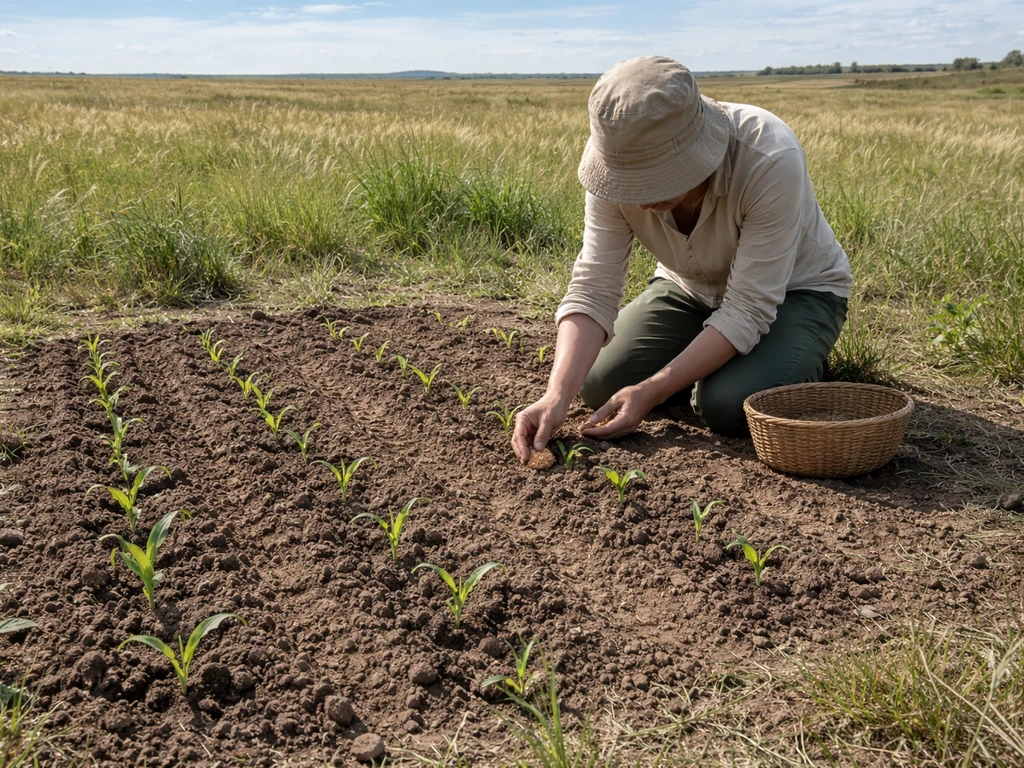 Anonymous person kneeling in a small tilled patch of temperate grassland, planting seedlings.