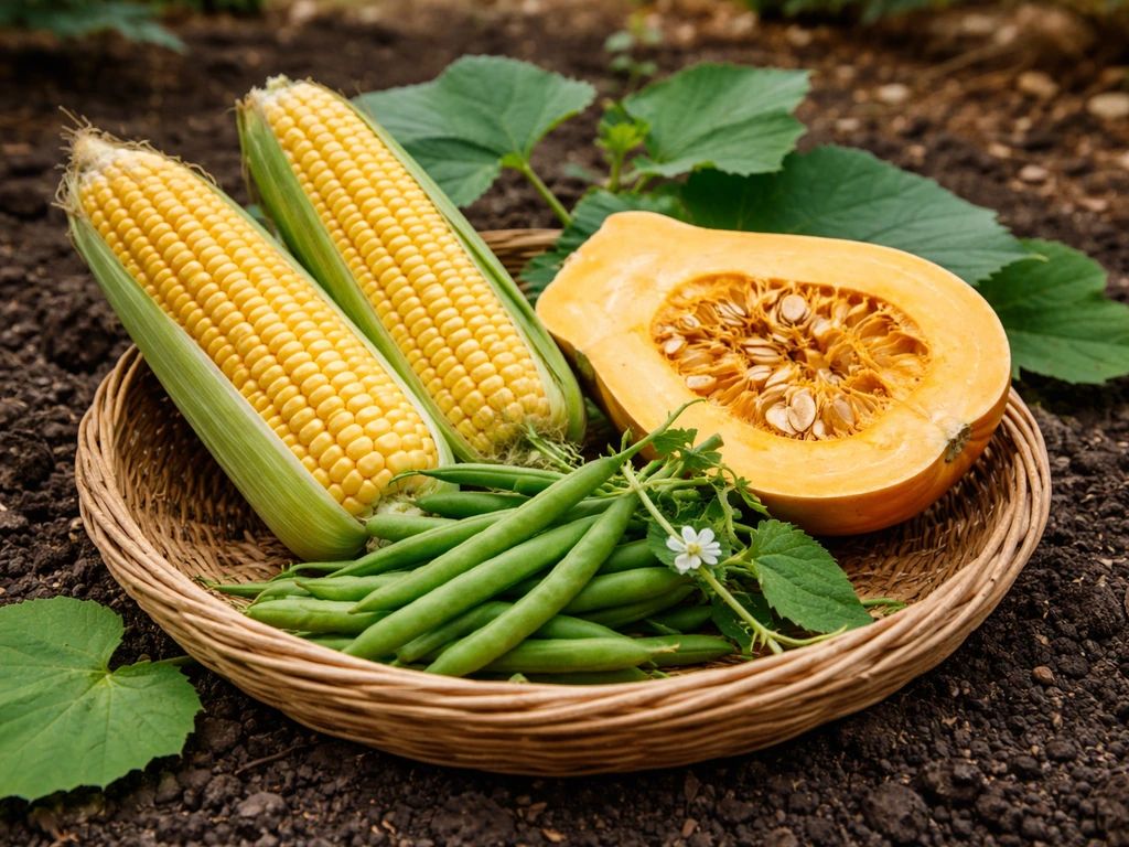 Corn cobs, climbing bean pods, and squash arranged together on a woven basket in natural light.
