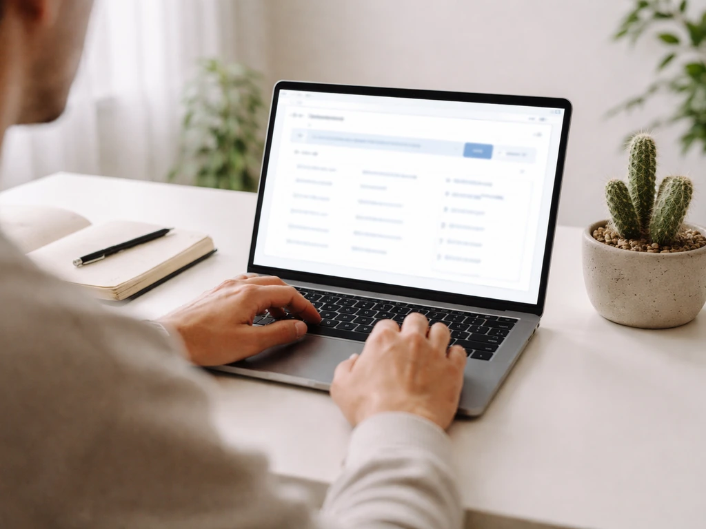 Anonymous researcher using a laptop database interface, notebook and potted native plant on a simple desk.