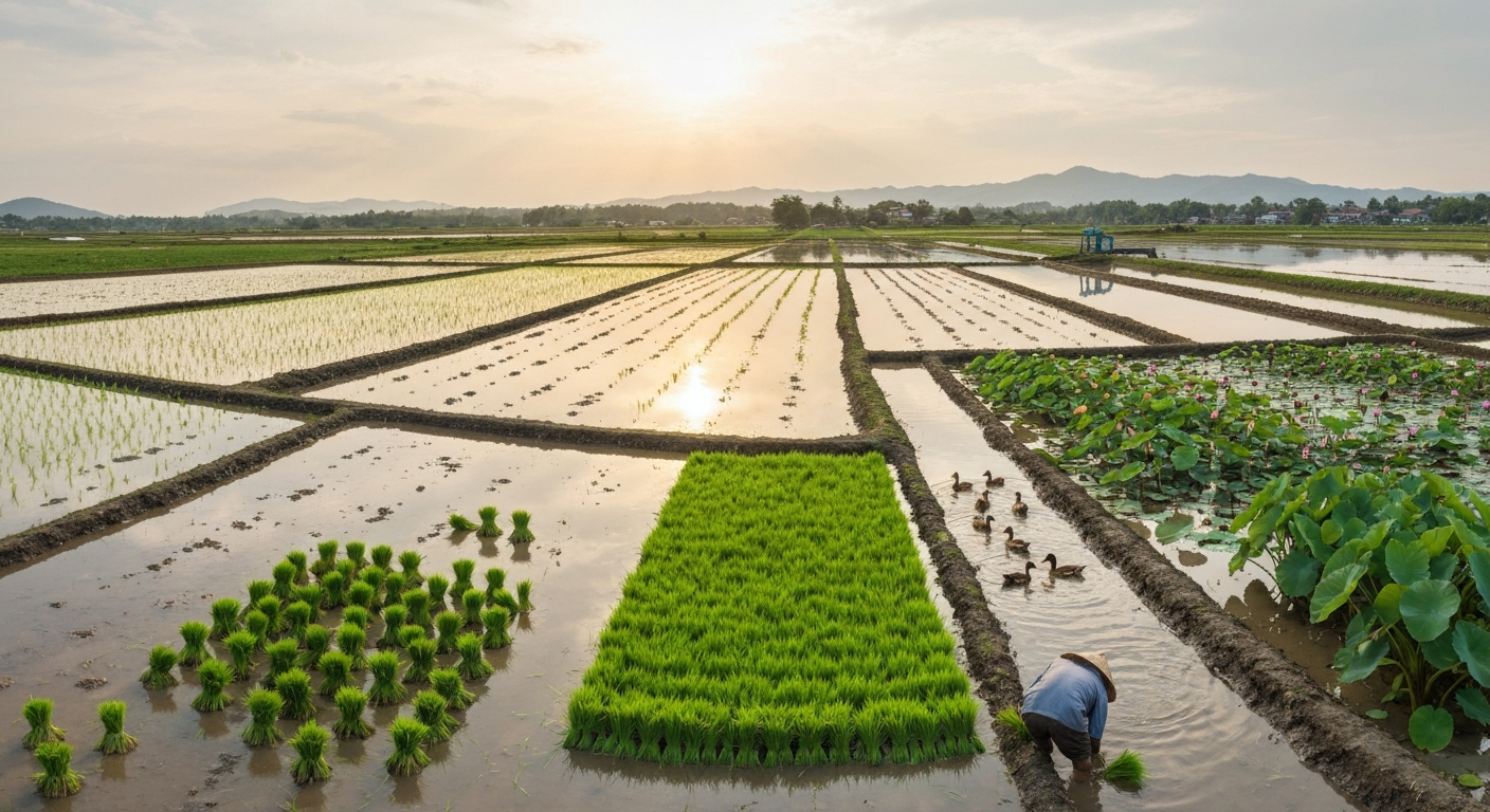 Panoramic flooded paddy fields at golden hour with transplanted rice, ducks, lotus beds and irrigation structures, showing integrated uses of paddy land.