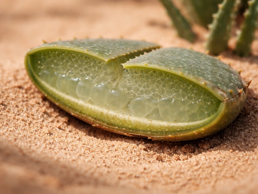 Macro closeup cross-section of a fleshy desert leaf pad, showing water-storing tissue and reduced leaf surface.