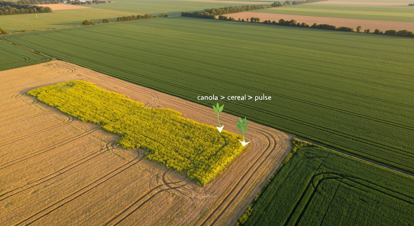 Aerial view of patchwork fields showing canola stubble, cereal and pulse crops with arrows illustrating a crop rotation sequence.