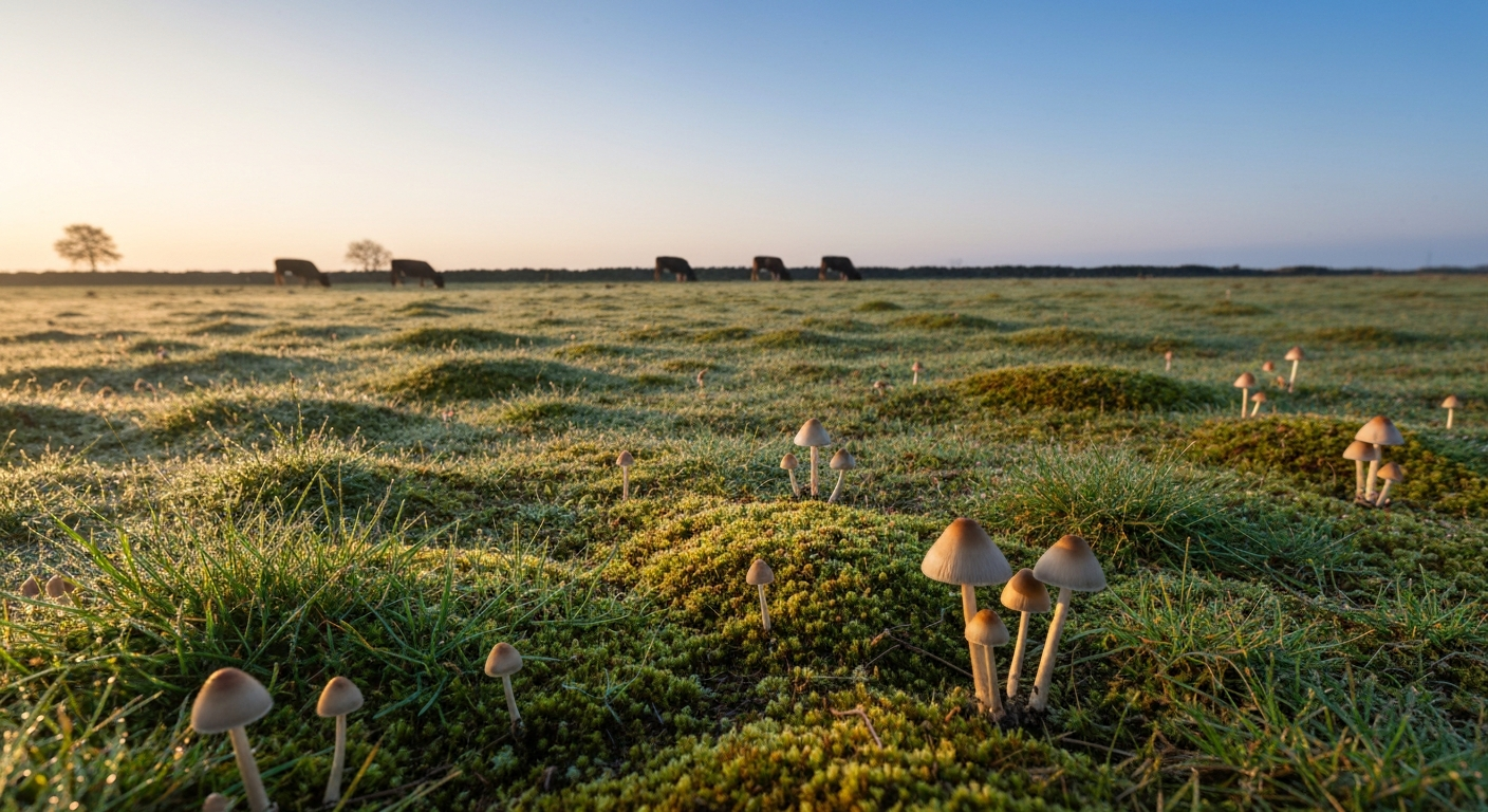 Unimproved grazed pasture in autumn with short, patchy sward and small conical mushrooms emerging through mossy turf; soft dawn light and grazing animals blurred in the distance.