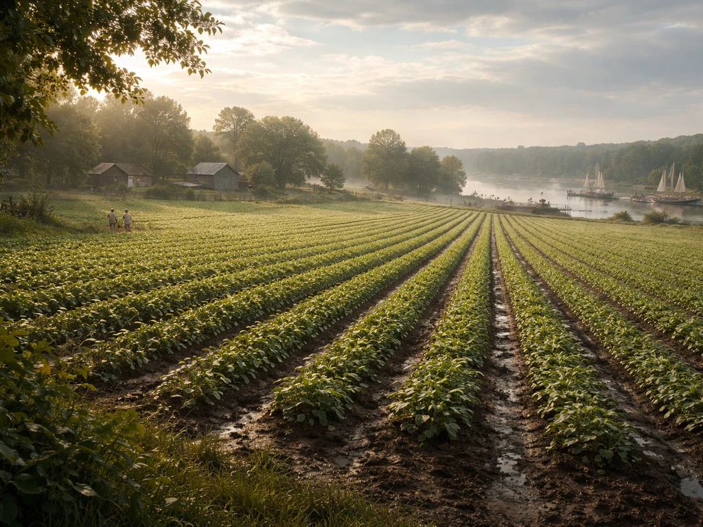 Panoramic view of fertile farmland with grain rows and a river port with small ships in the distance.