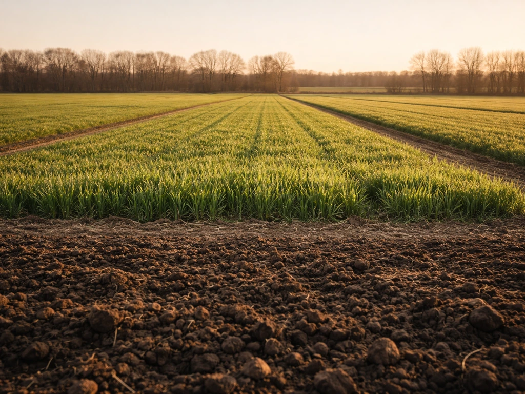 Minimal photo of grain field parcels suggesting reliable yields and fertile soil for cash crops.