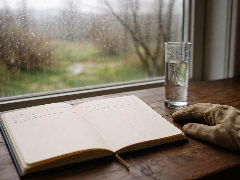 Minimal photo of a farmer’s hand holding a small soil sample near a window with rain and planting season calendar vibe