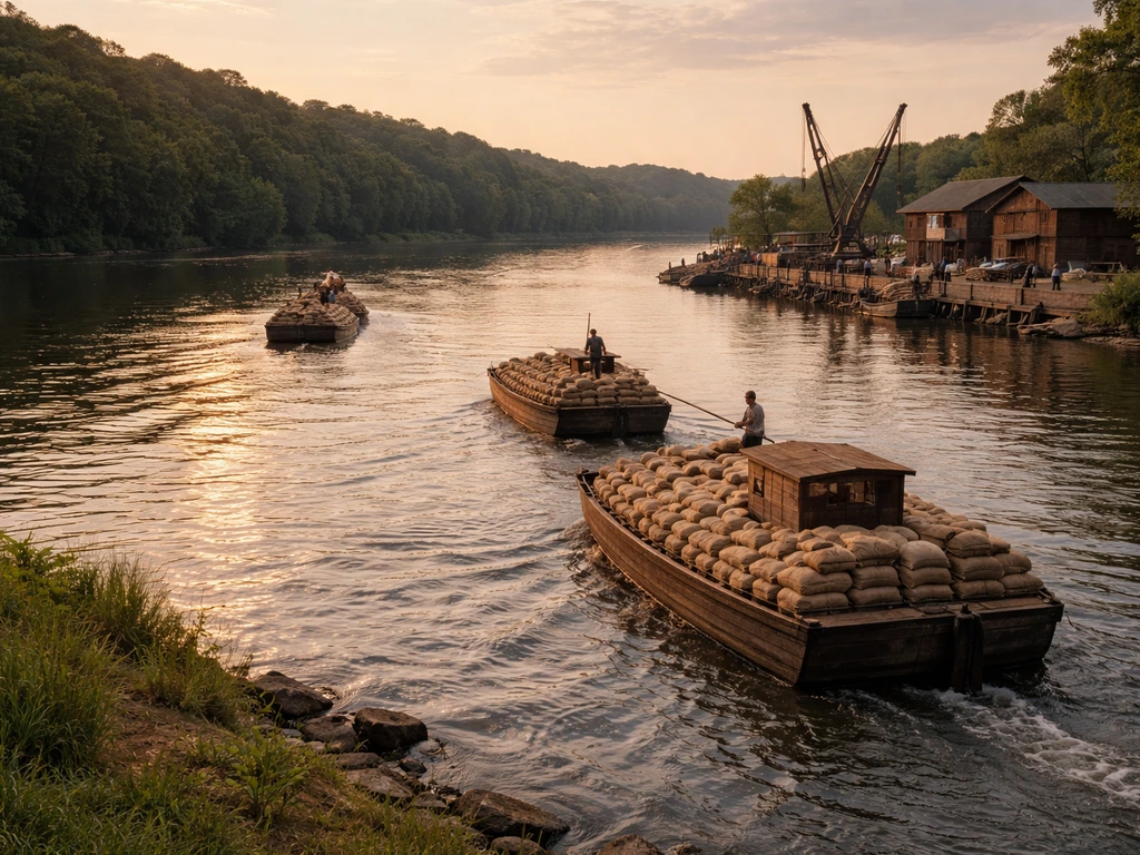 Barges carry grain down the Delaware River toward a busy port with cranes and warehouses in the distance.