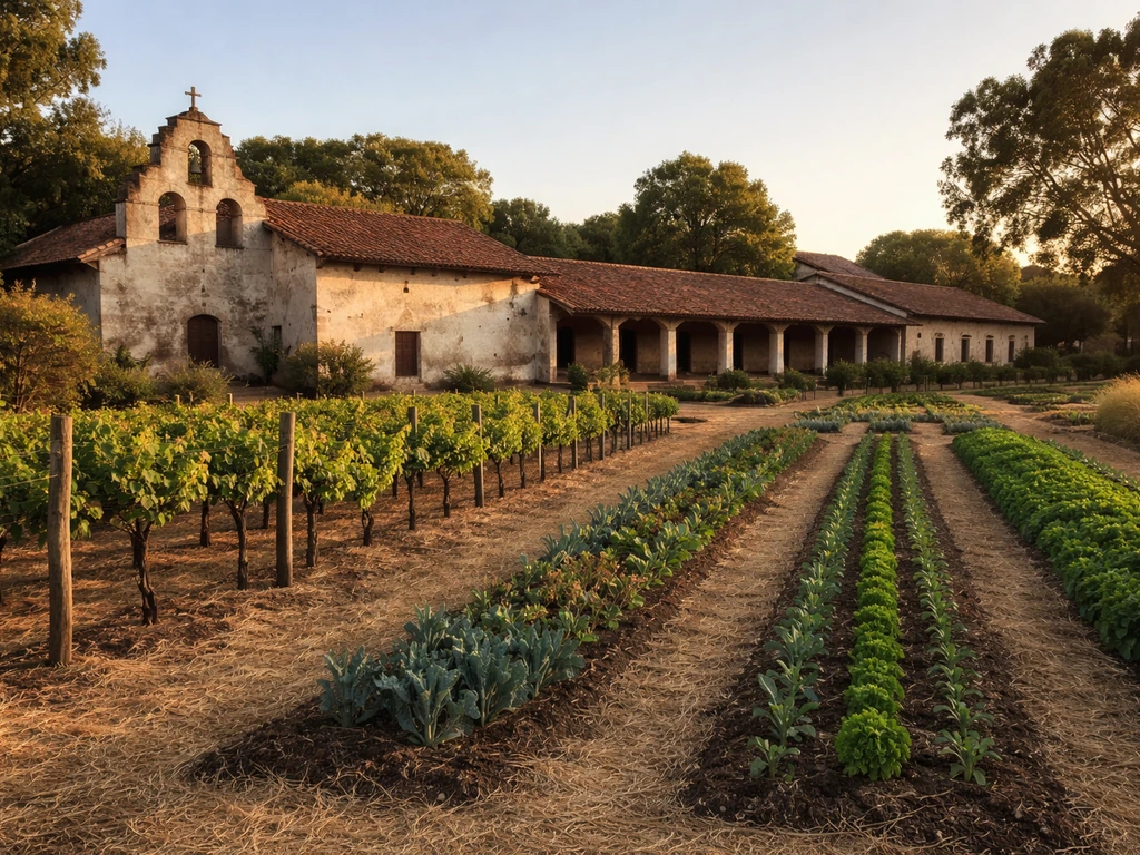 Historic mission buildings with nearby vineyard rows and leafy garden crops in warm sunlight.
