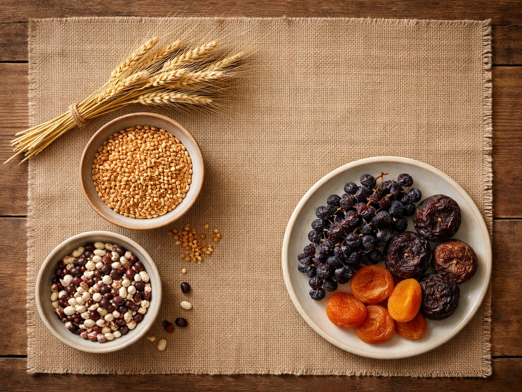 Minimal overhead photo of mission-era crops laid out on burlap: wheat, beans, and dried orchard produce
