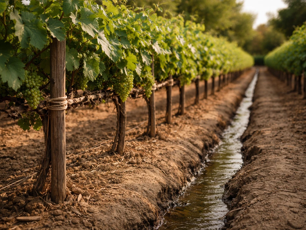 Close view of grapevines in rows with simple trellis branches and adjacent irrigation furrows.