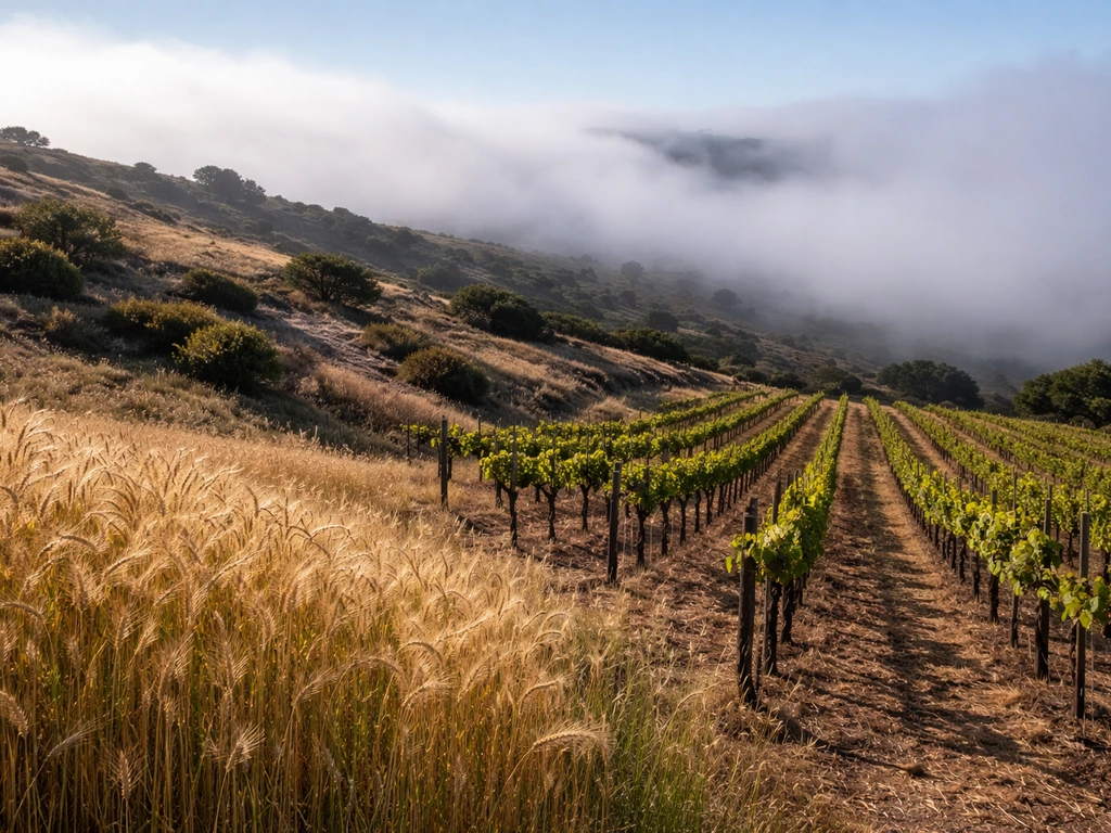 Golden wheat field beside grapevines with morning marine fog over a Mediterranean-style hillside
