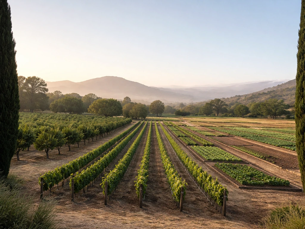 Scenic mission farmland with vineyard rows and orchard fields under a Mediterranean coastal sky.