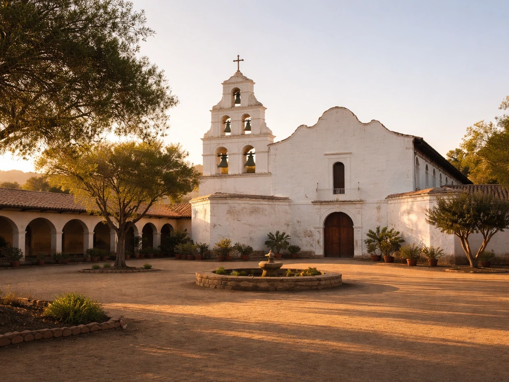 Sunlit Mission San Diego de Alcalá buildings and courtyard at golden hour, viewed from outside the church grounds