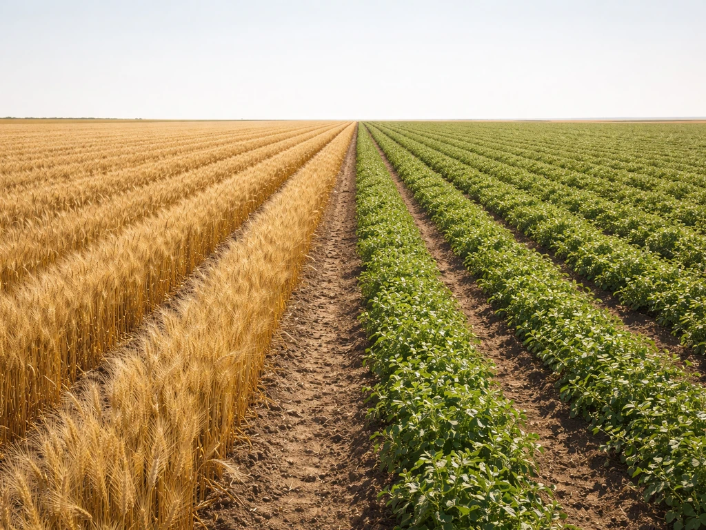 Sunlit field with adjacent wheat rows and legume plots growing side by side.
