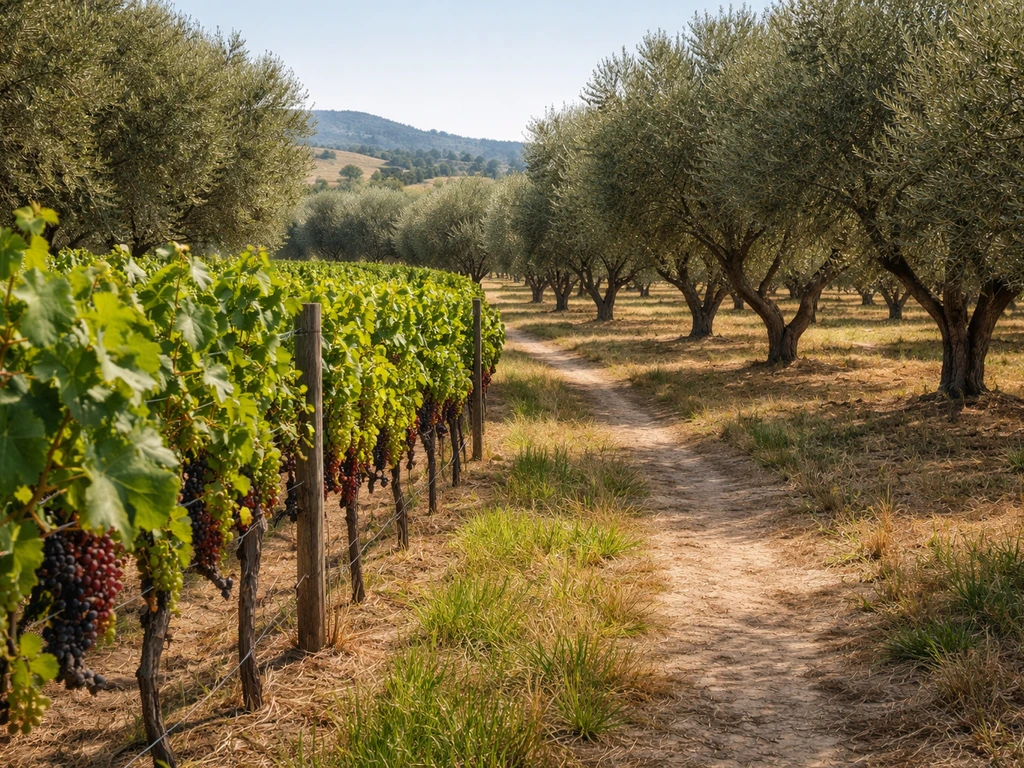 Grape vines on trellises beside an olive grove in a sunlit Californian vineyard landscape