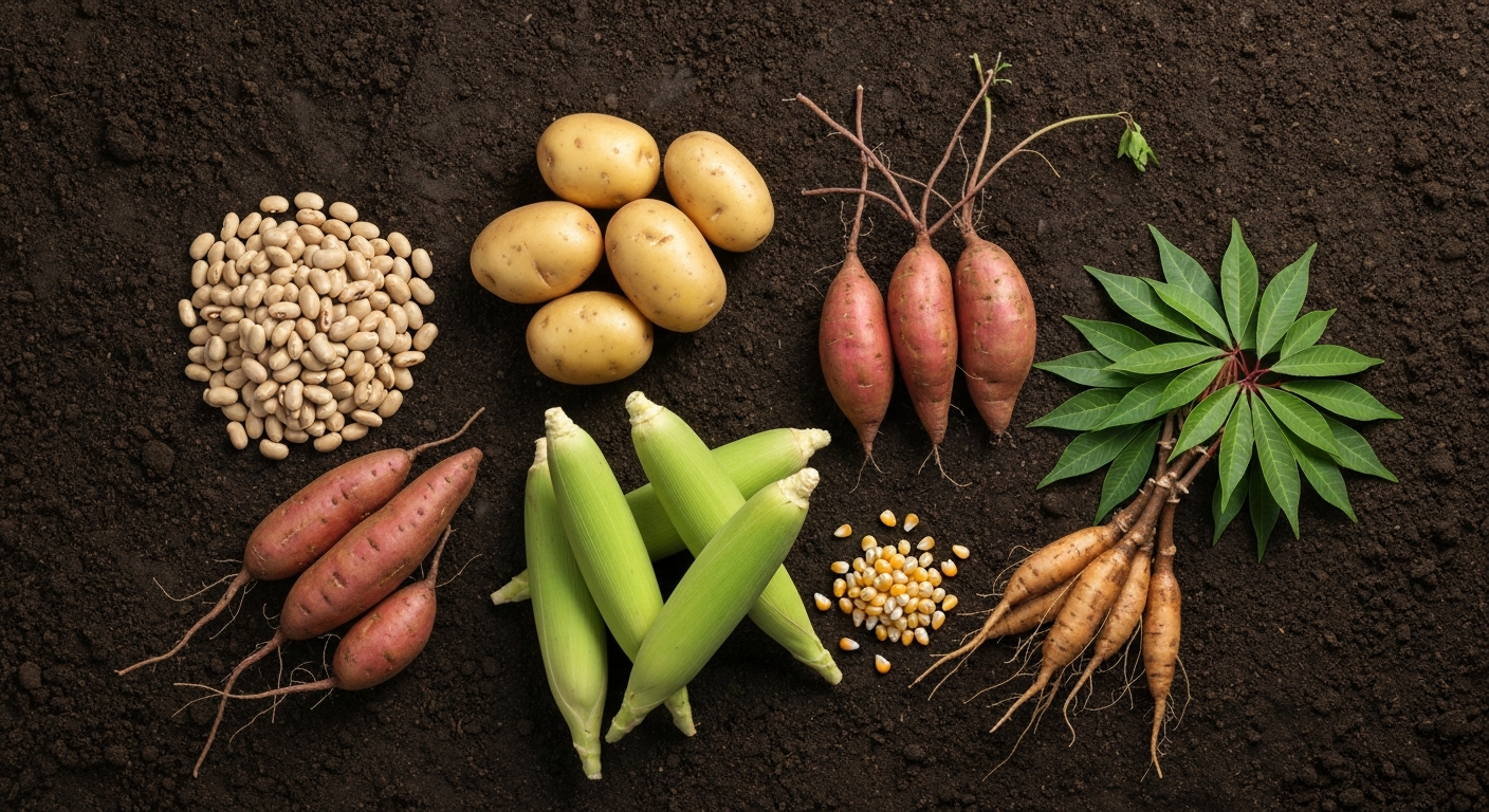 Overhead photo of dried beans, potatoes, sweet potatoes, maize cobs, and cassava roots arranged on soil.