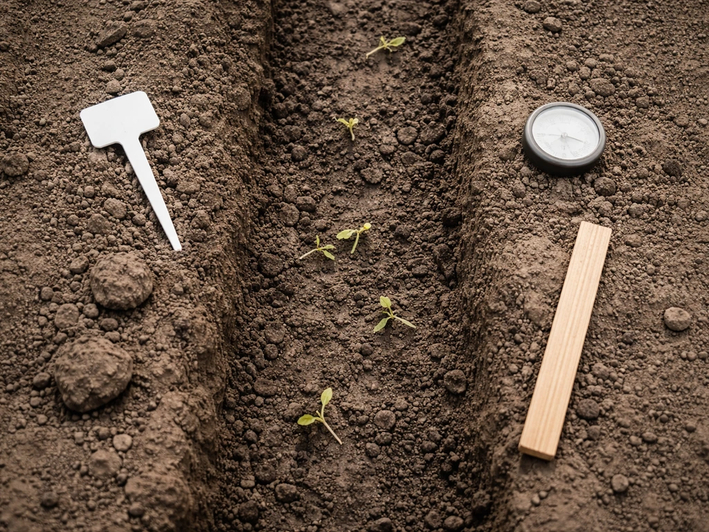 Top-down view of a failed crop row with exposed soil and a few stalled seedlings