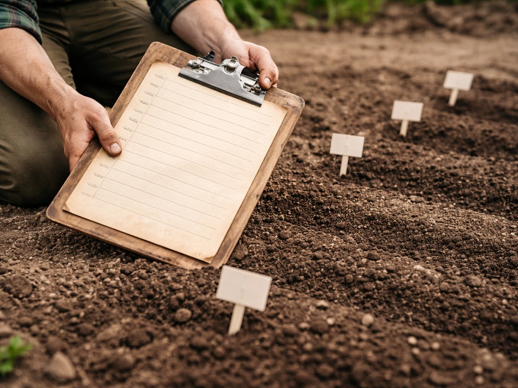 Gardener’s checklist on clipboard over a seedbed with small tags near disturbed soil and mulch
