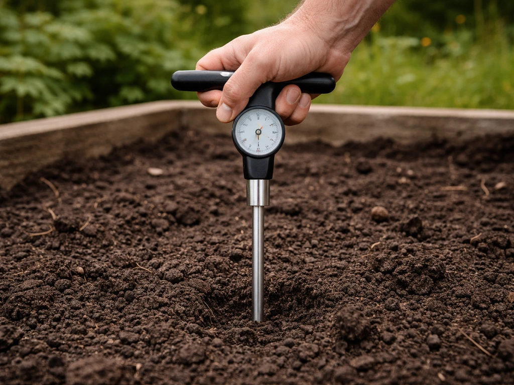 Hand pushes a penetrometer into moist garden soil to show hard compaction resistance.