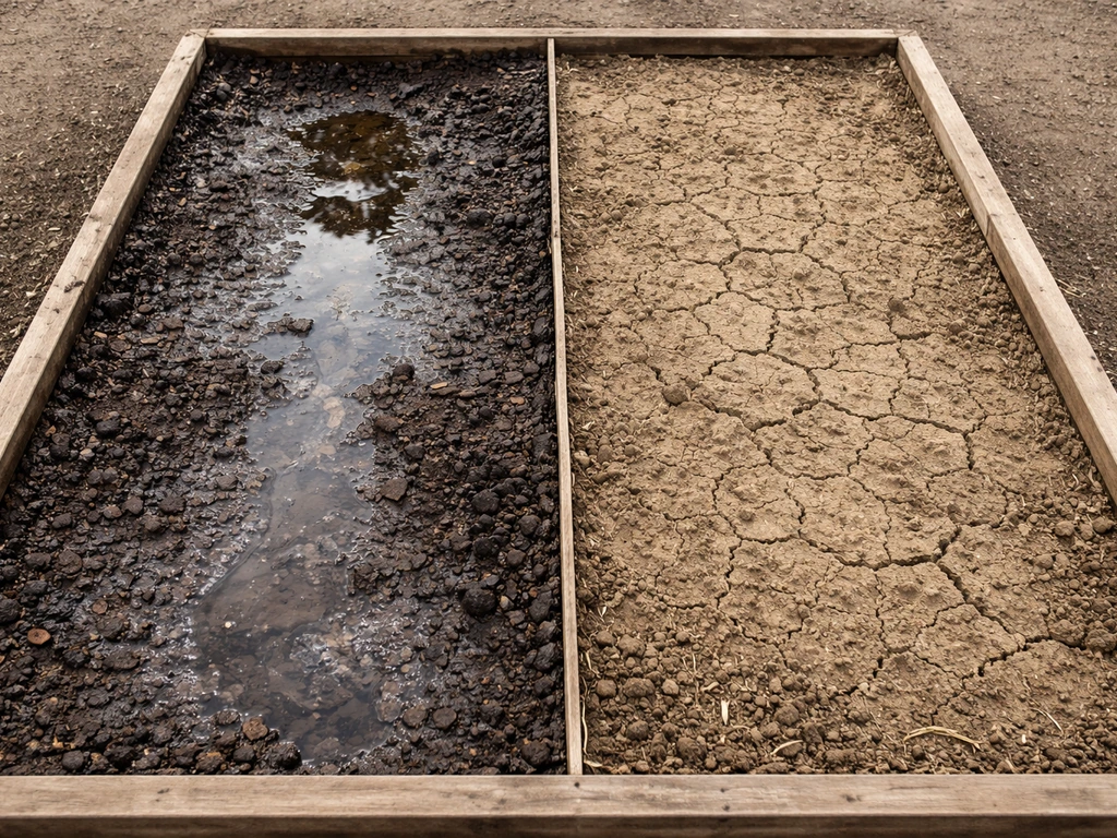 Split planter showing one side waterlogged, saturated soil with pooling runoff and the other dry, cracked soil