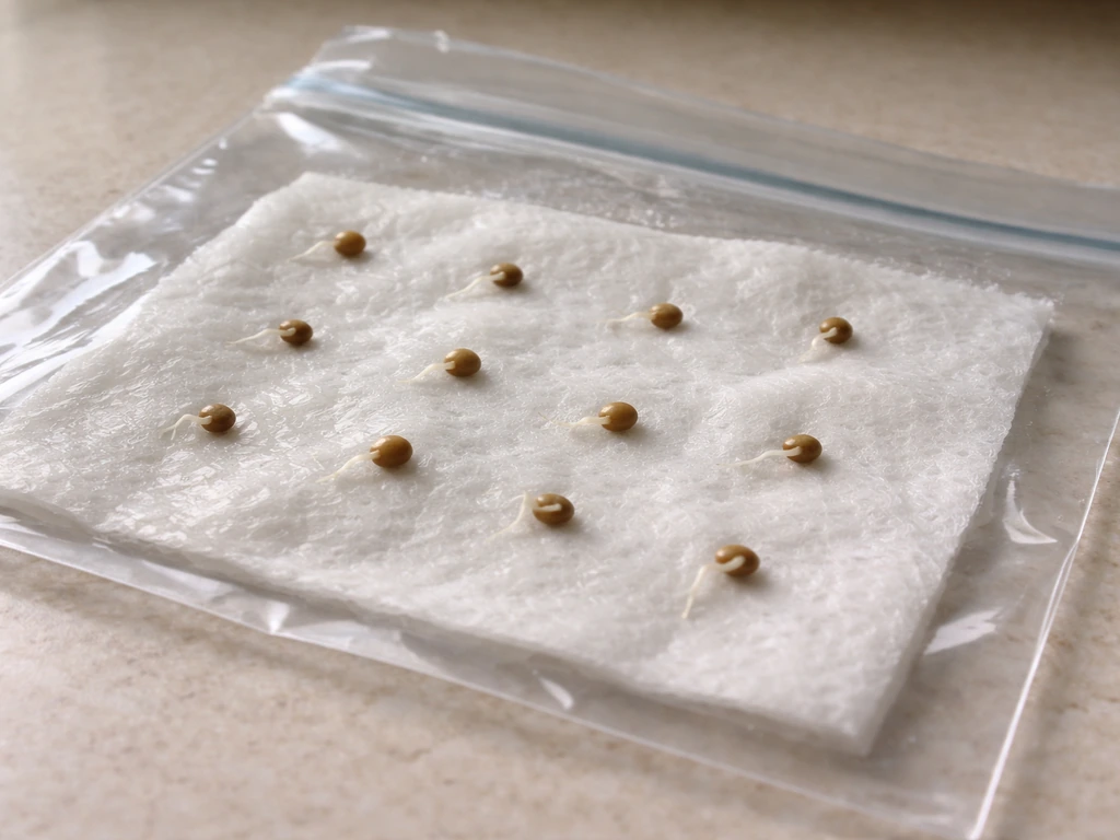 Close-up of a wet paper towel in a clear bag with seeds, some sprouted and some not.
