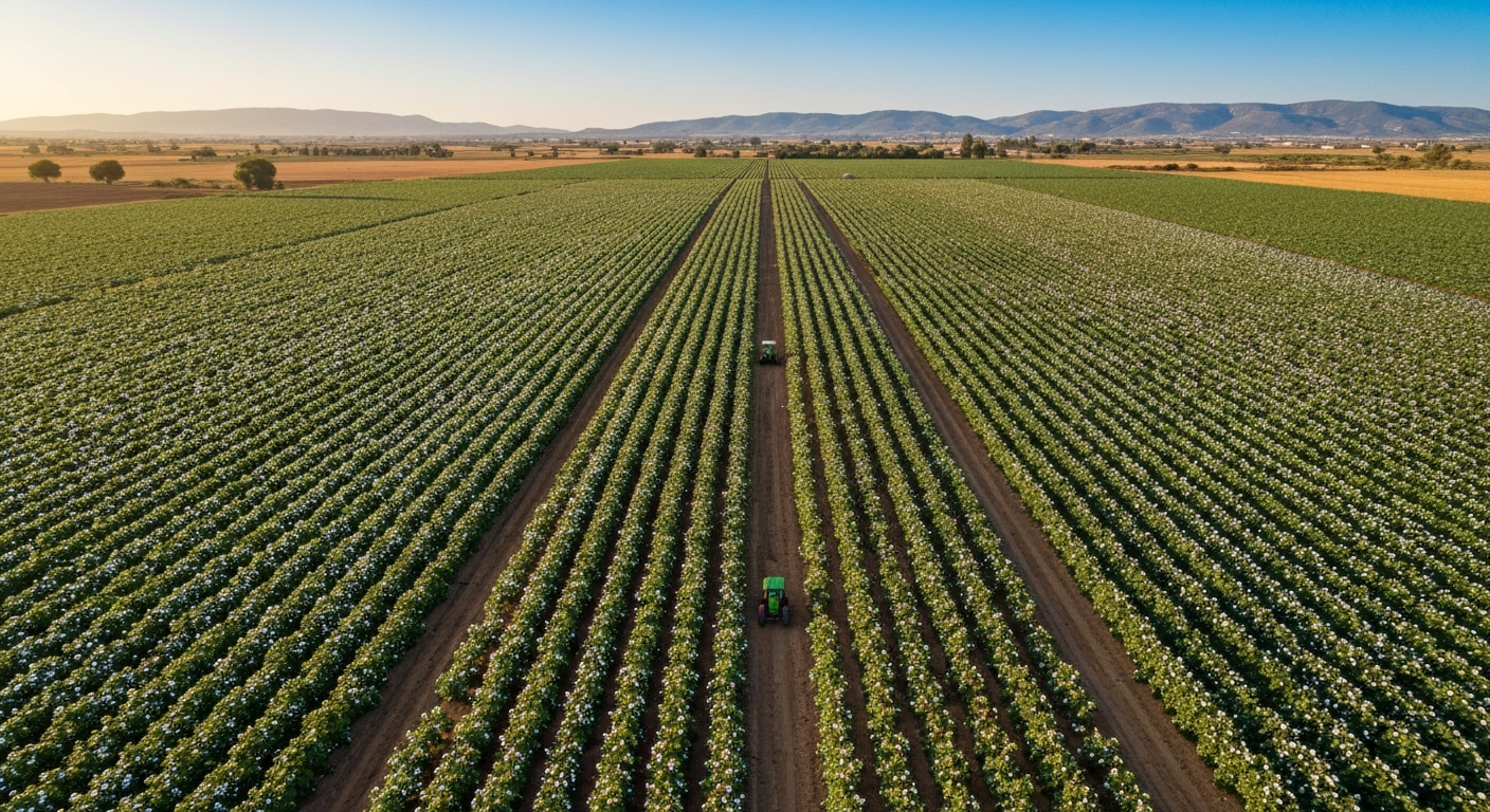 Aerial photo of Mediterranean cotton fields in Greece showing rows of cotton plants, irrigation lines and low hills under a clear blue sky.