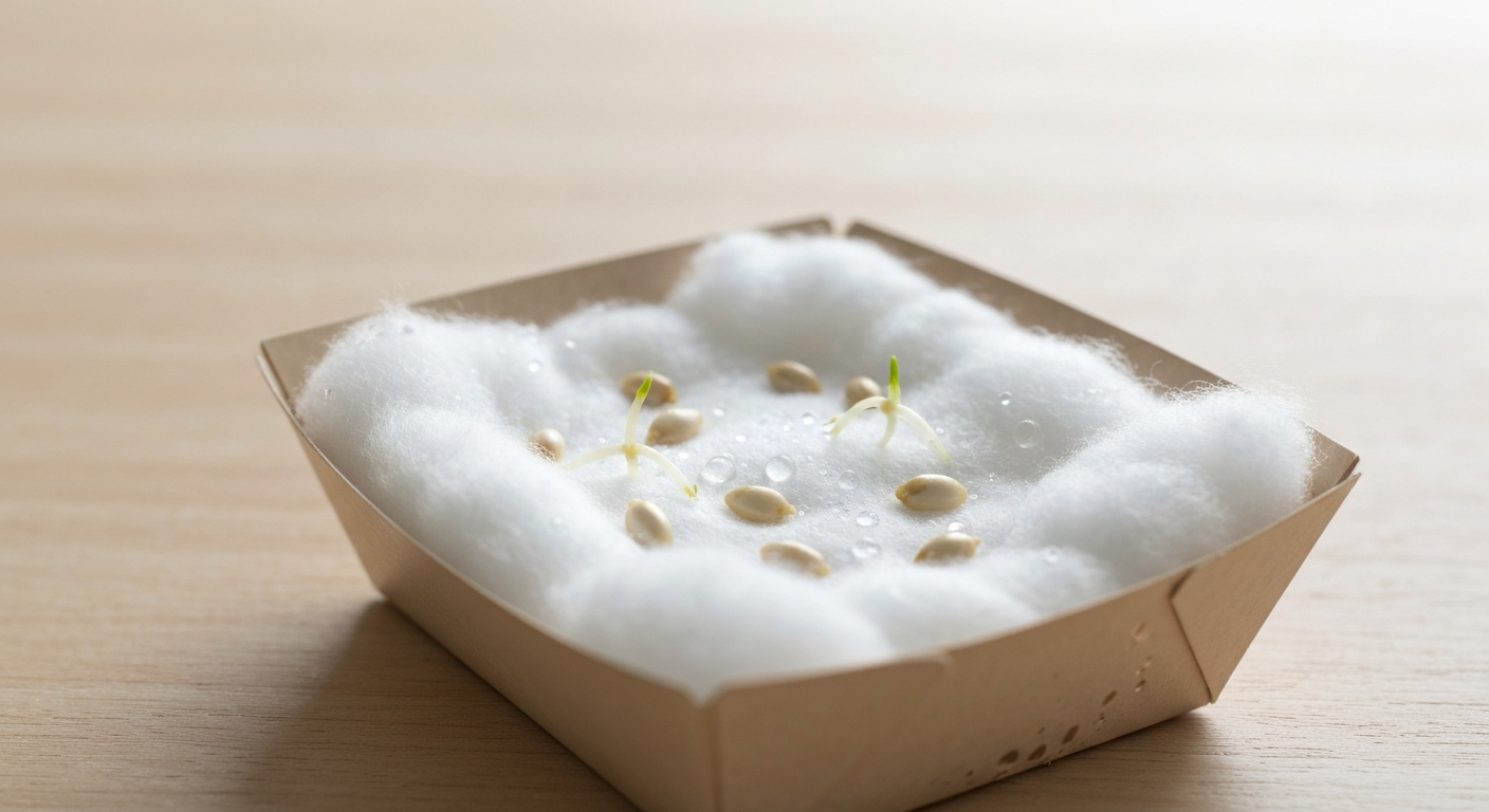 Close-up photo of seeds germinating in cotton wool inside a clear dish, showing white radicles and emerging shoots.