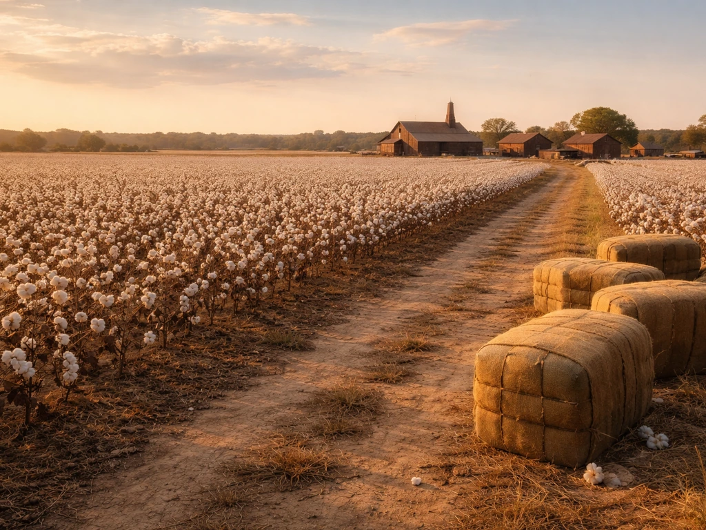 Wide view of an 1850s Texas cotton plantation with field rows and distant gin/exchange buildings.
