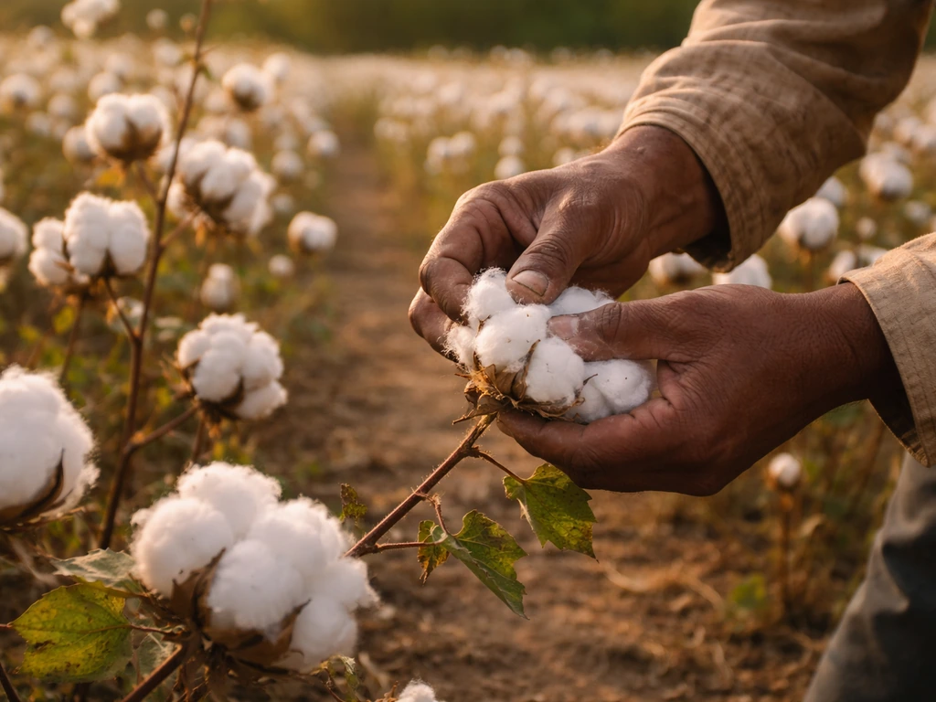 A cotton field with cotton bolls and a hand picking fibers in warm 1850s-style conditions.
