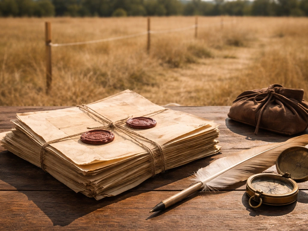 Period-style land deed papers on a desk with brass compass and surveyed property stakes in Texas outdoors.