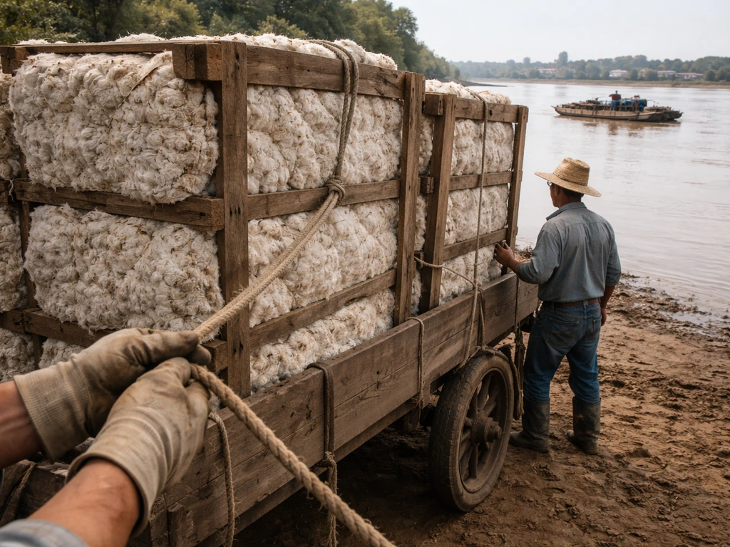 Cotton bales loaded onto wagons beside a river, ready to be transported toward an export port