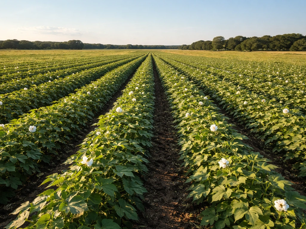 Sunlit cotton rows in Texas stretching toward the horizon with lush green plants under a clear sky.