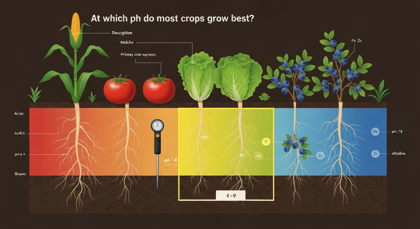 Stylized soil cross-section showing pH gradient with healthiest crop roots in the 6.0–7.0 band and blueberry thriving in acidic zone; includes pH scale and a soil probe.