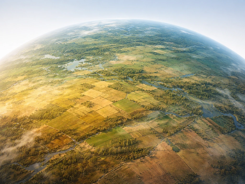 Minimal concept image showing global climate zones and crop suitability as soft map-like color fields
