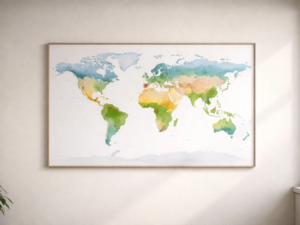Minimal world map on a wall showing major climate zones with soft, color-coded areas