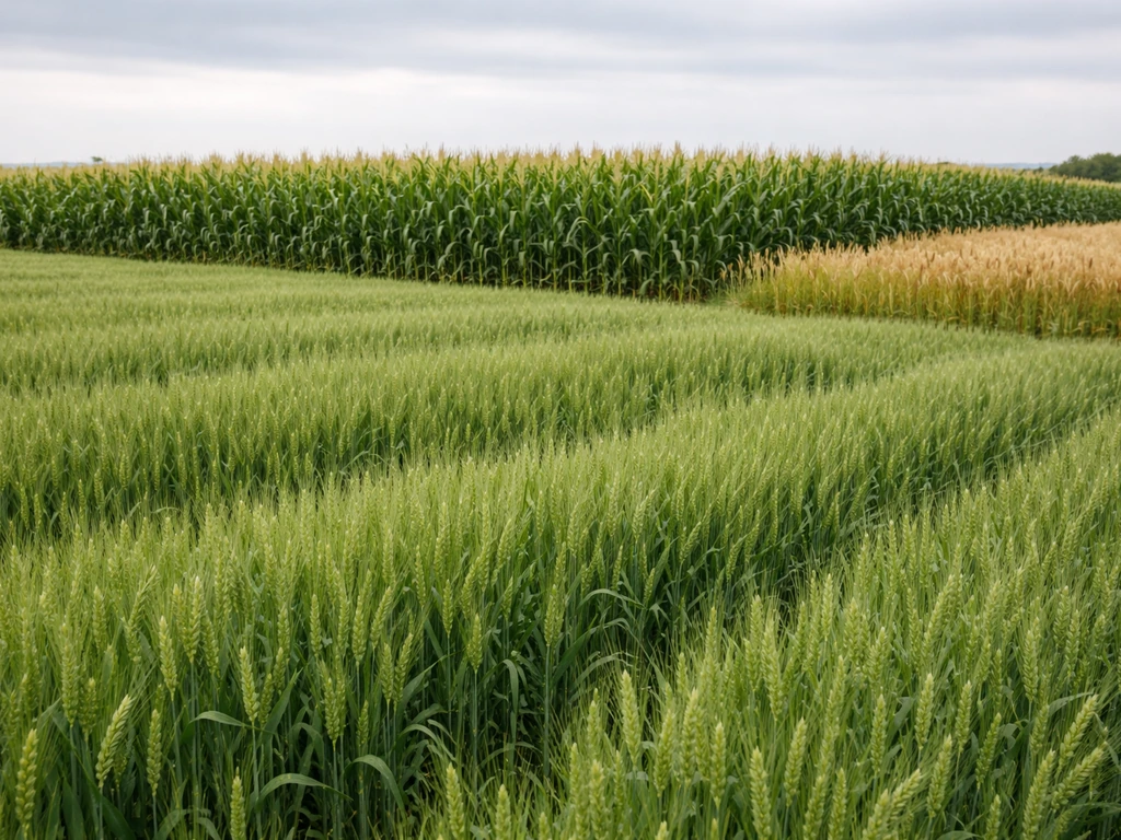 Wind-swept wheat field with subtle adjacent patches of taller grains, showing cool-season grain growth.