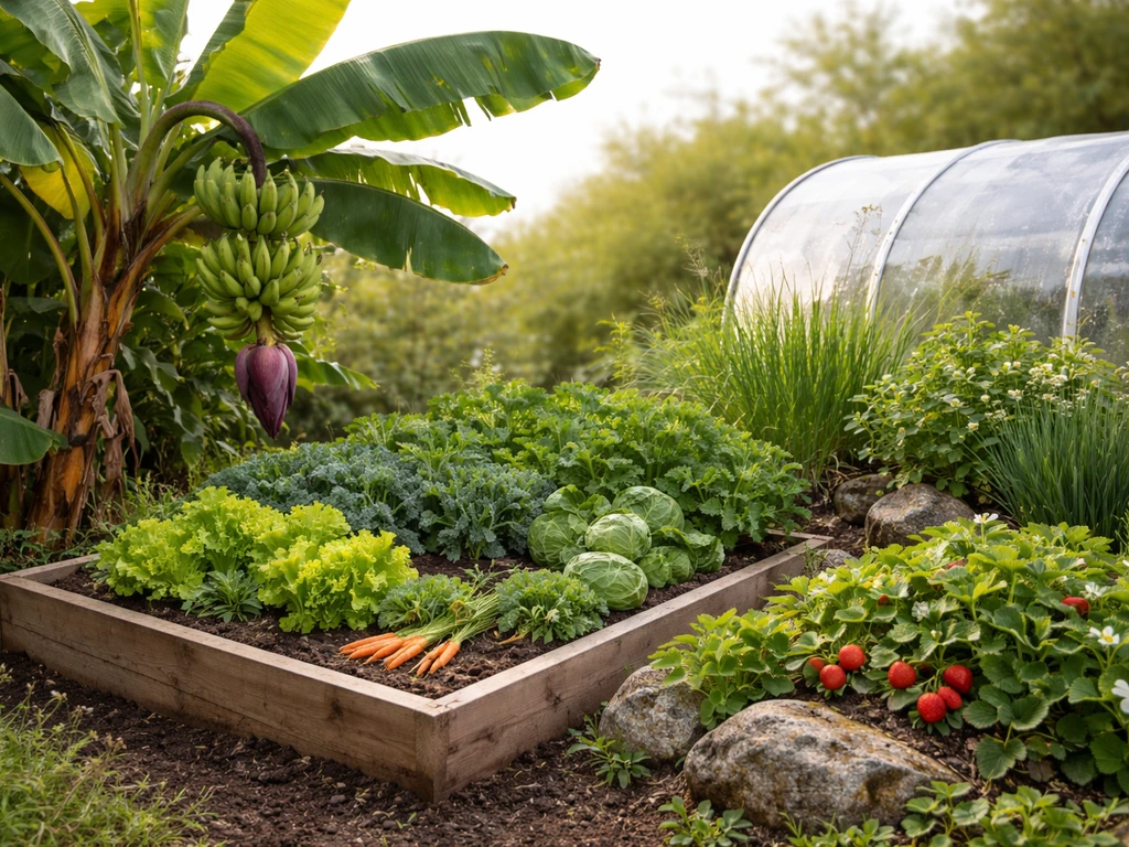 Montage of banana plant, temperate vegetable bed, and alpine strawberry greenhouse greenery.