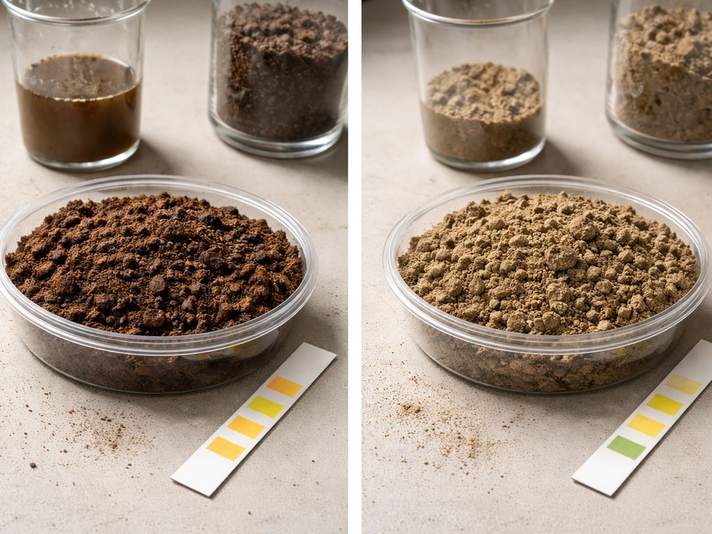 Split view of acidic vs neutral/alkaline soil samples with pH strips and clear moisture contrast.