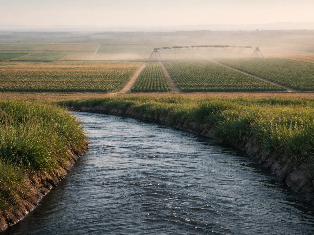 Irrigation canal and farmland with a distant pivot, showing microclimate pockets in a rural crop region.