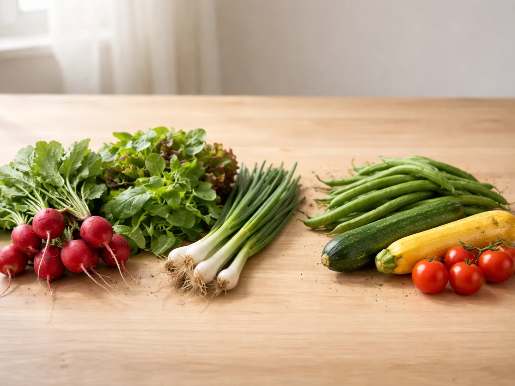 Fresh radishes and greens beside fast warm-season vegetables like beans, squash, and cherry tomatoes on a wood table.