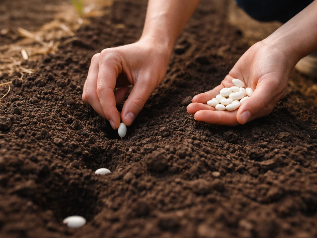Hands sowing bush bean seeds into warm garden soil along a mulch-lined row