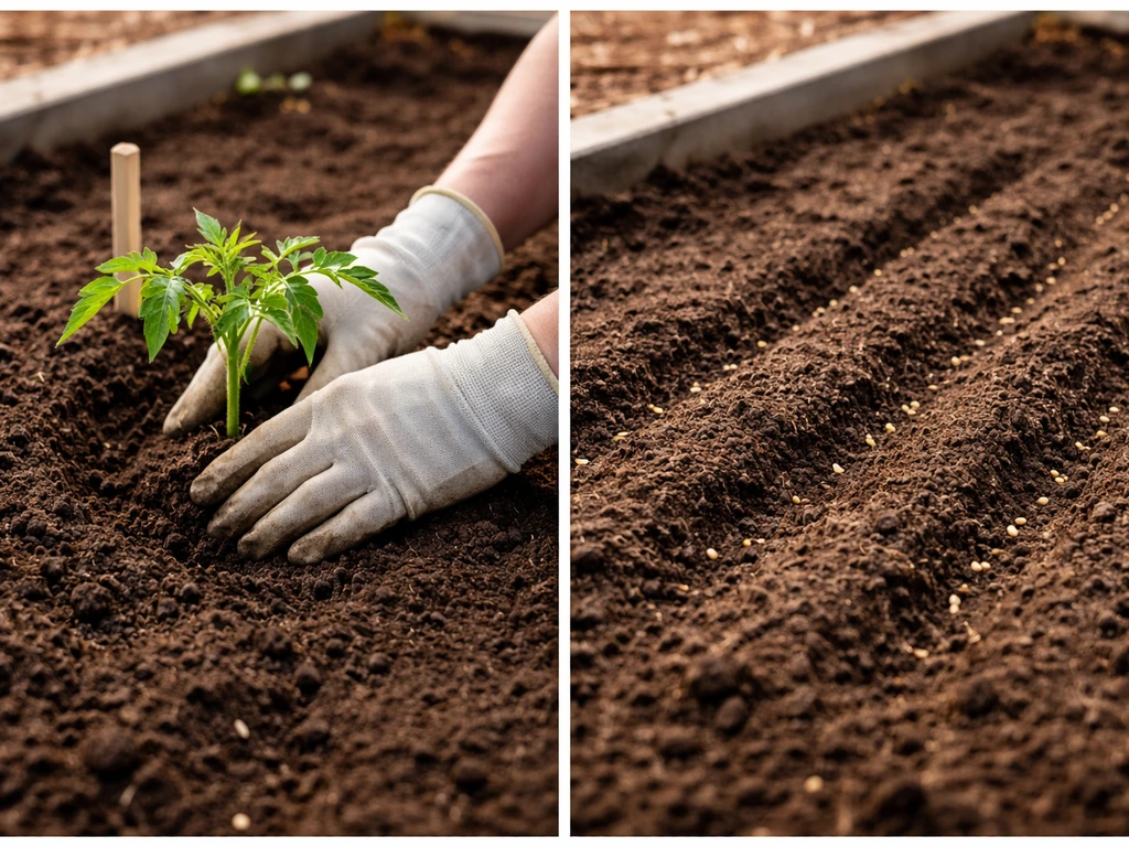 Hands placing a young transplant into prepared soil beside a similar direct-sown garden bed