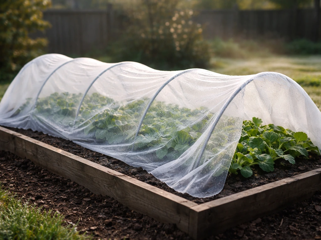 Floating row cover draped over hoops protecting spaced cool-season greens in early morning sunlight.