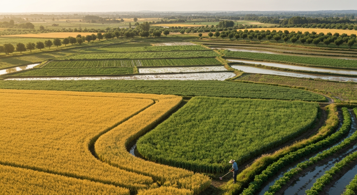 Aerial view of mixed cropland patchwork—fields of cereals, vegetables, rice paddies and orchards—with a farmer inspecting a field at the edge.