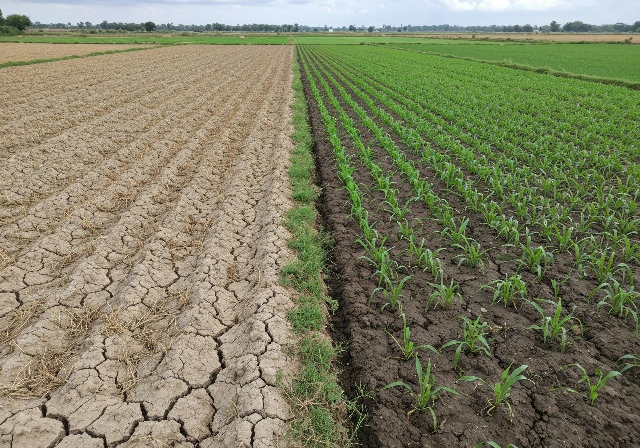 Split image of dry rabi field and lush kharif field at monsoon start